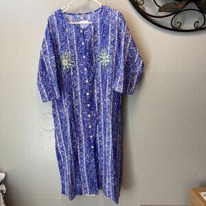 MODAPOSA Blue Floral Kaftan Tunic Dress‎  Button Front Embroidered Cotton